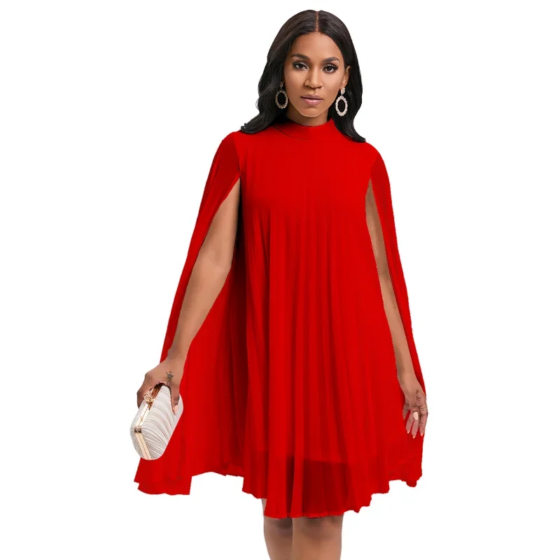 

Spring Summer Fashion Elegant Chiffon Pleated Dress Women OL Solid Round Neck Cape Sleeves Loose Pleated Dress Women