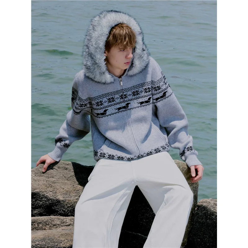 

Мужское свободное зимнее пальто в американском ретро-стиле с узором Fair Isle, модное, с цветовыми блоками, большим меховым воротником, удобное, в стиле оверсайз