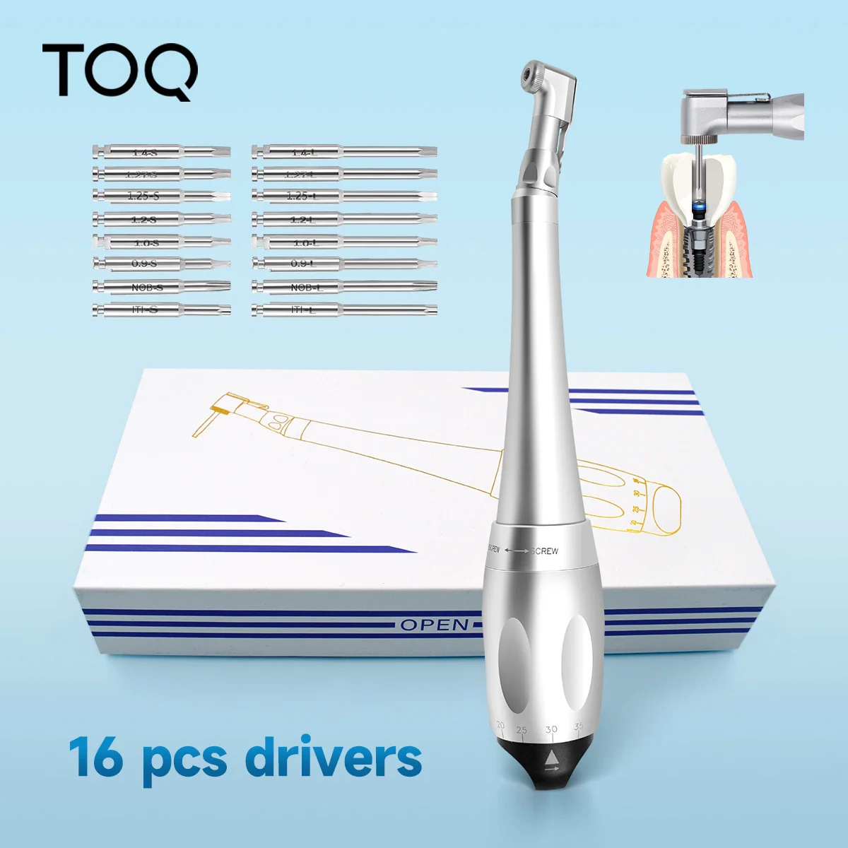 Dental Implant Torque Wrench Handpiece with 16 Screwdrivers Latched Detachable Contra Angle Prosthetic Kit for Reconstruction