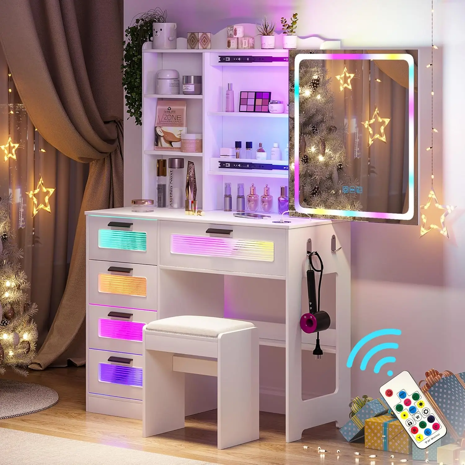 Bedroom White Vanity Set with LED Mirror, RGB Light & Jewelry Organizer view 2
