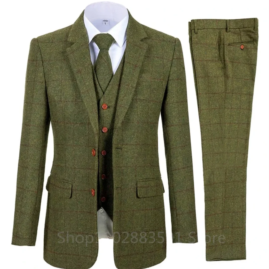 3 Piece Men\'s Suits Bussiness Formal Notch Lapel Groomsmen Woolen Plaid Tuxedos for Party Activities Wedding (Blazer+Vest+Pant)