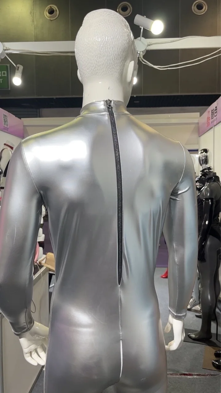 Men Sexy PU Leather One Piece Customized Slim Tight Bodysuit High Collar Body Shaper Wrap