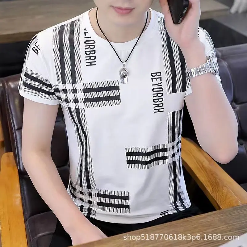 Men Short Sleeved T-shirt Summer New Round Neck Ice Shreds Slim Trend Printing Anti Wrinkle Youth Comfortable All-match Tops