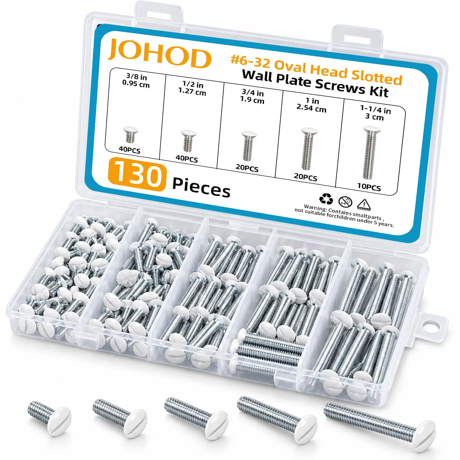 130PCS #6-32 White Switch Plate Screws Kit Slotted Oval Head Wall Plate Screws Assortment 5 Sizes for Outlet Cover Replacement