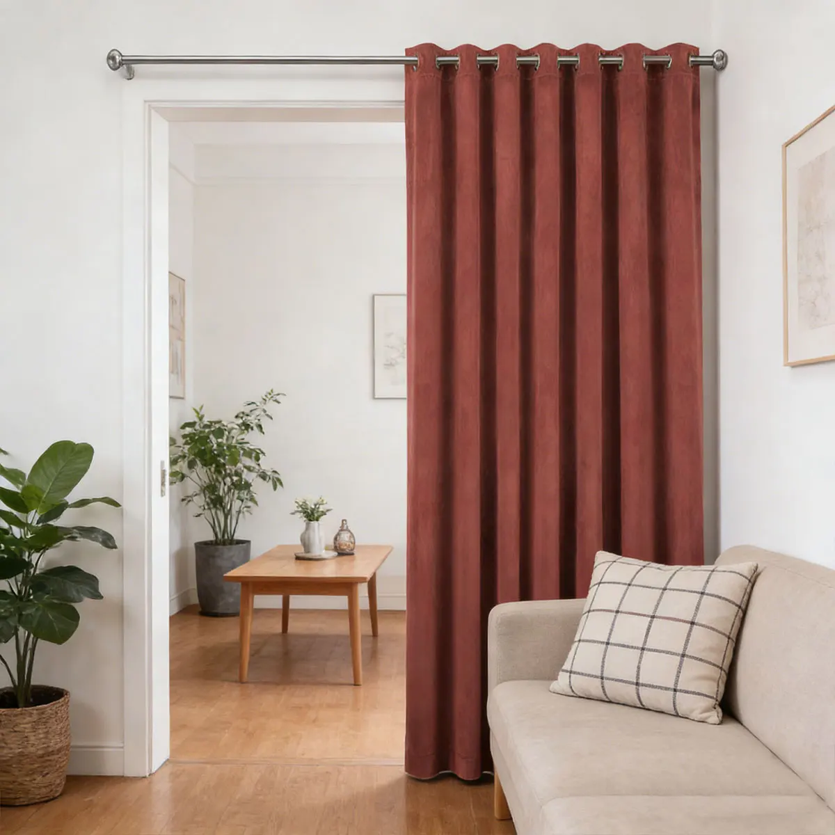 Terracotta Red Velvet Grommet Room Divider Curtain, Solid Partition Drape for Minimalist Nordic Bedroom Living Room Home Decor