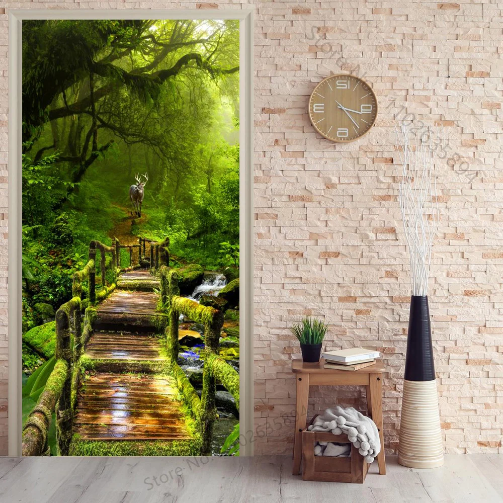 Green Forest Door Stickers Natural Atmosphere Poster Vinyl PVC Waterproof Self-adhesive Mural Natural Plant Door Stickers