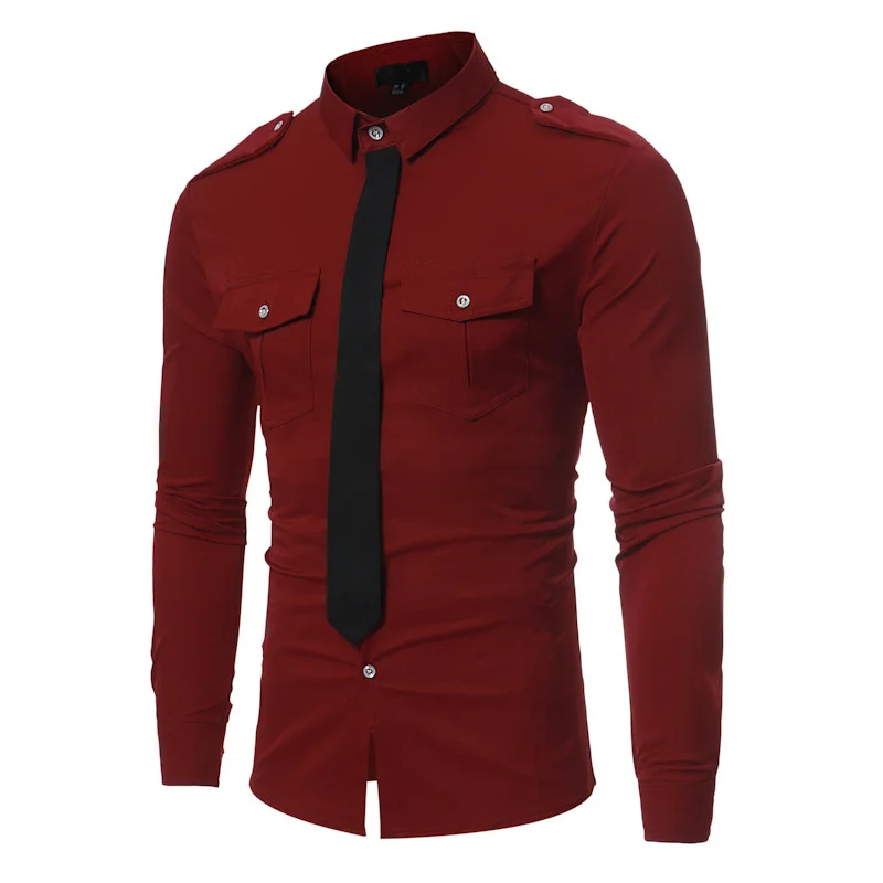 Double Pocket Military Style Black Shirt Men Casual Contrast Color Fake Tie Social Shirt Male Slim Fit Long Sleeve Chemise