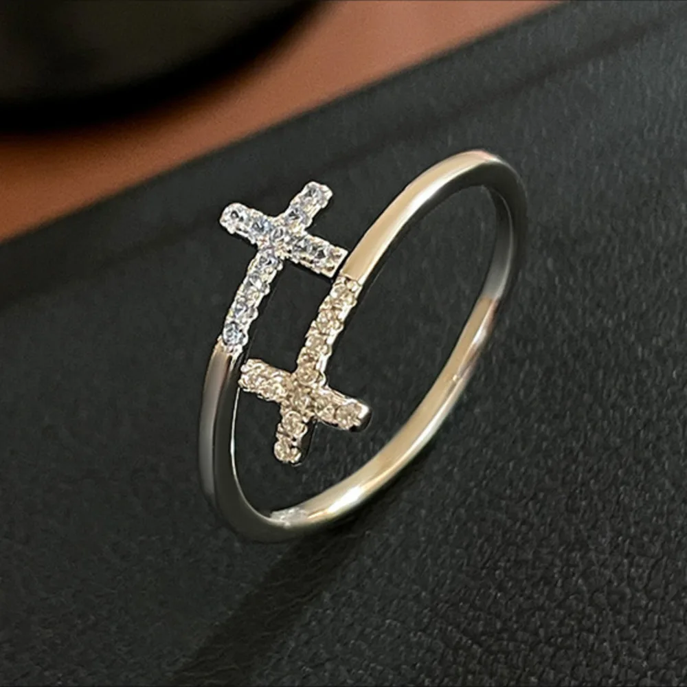 

BR Korean INS Double Layer Cross Full Diamond Ring for Women, Unique Adjustable Open Ring, Perfect Gift for Girlfriend
