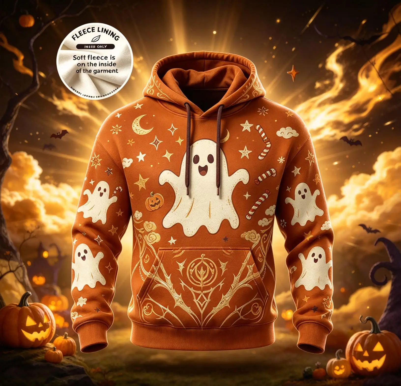 Halloween Cute Ghost Theme Hoodie for Men, Moon Star Little Pumpkin Full Print Pullover, Warm Fleece Lined Outerwear