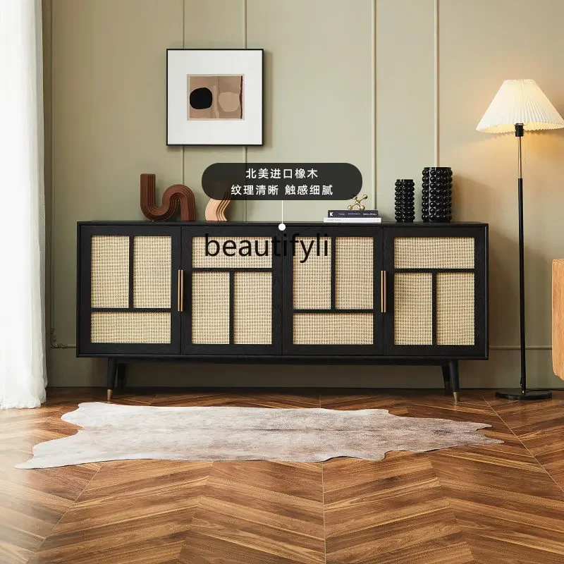 

zz1zzNordic Style Vintage Distressed Solid Wood Sideboard Double Door Cabinet Rattan Oak Storage Cabinet