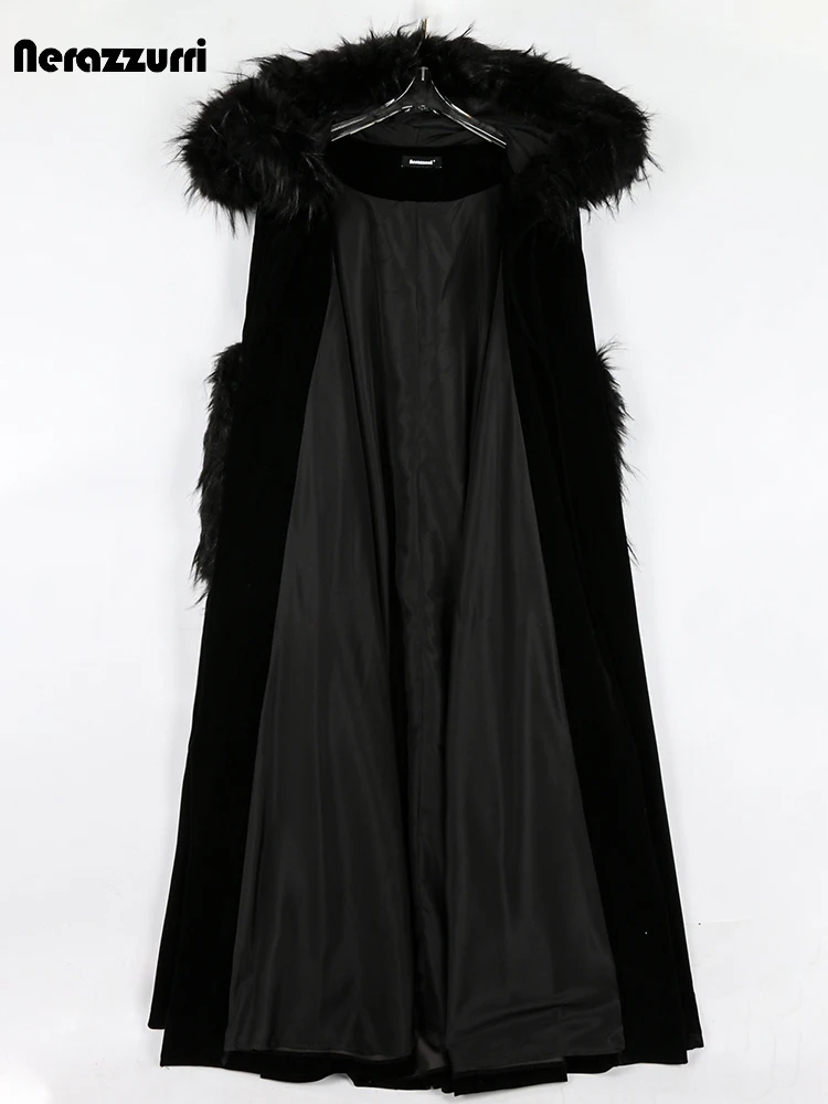 Nerazzurri Autumn Winter Extra Long Black Velvet Cloak Women with Fur Trim Hood and Cuff Designer Clothes Cape Halloween Costume