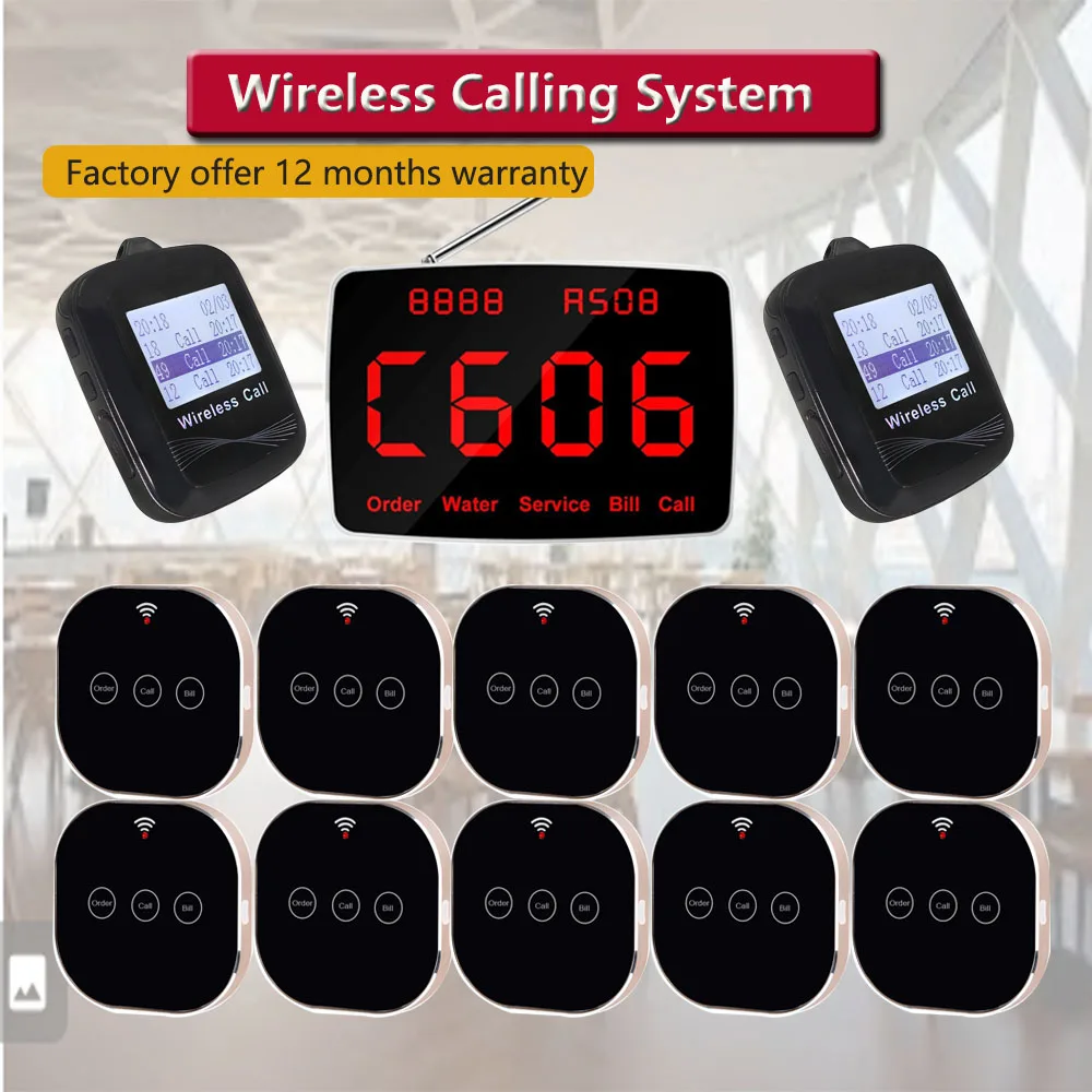 QWICALL 10 Touchable Rechargeable Calling Buttons 1 Screen Display Host Wireless Calling System for Restaurant Waiter Call