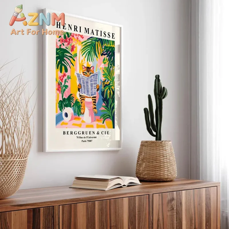 Tabby Cat on A Toilet Poster Funny Bathroom Wall Art Matisse Print Mid Century Modern Canvas Painting Pink Dopamine Home Decor