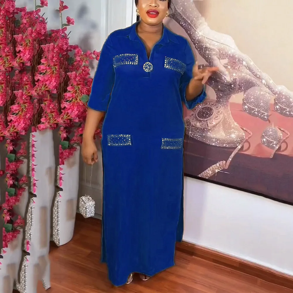 

Elegant African Ladies Dresses Loose Turn Down Collar Full Sleeve Diamond Straight Floor Length Luxury Female Birthday Vestidos
