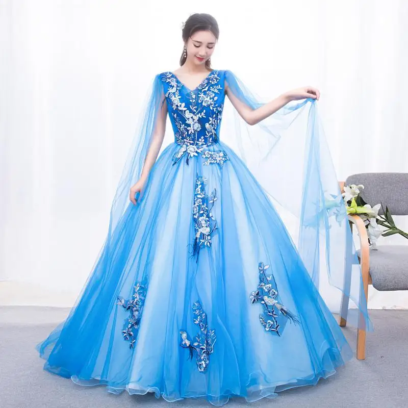 Blue Ball Gown New Classic V-neck Sleeveless Vestidos De Quinceaneras Elegant Lace Floral Long Puffy Dresses For Prom Customized