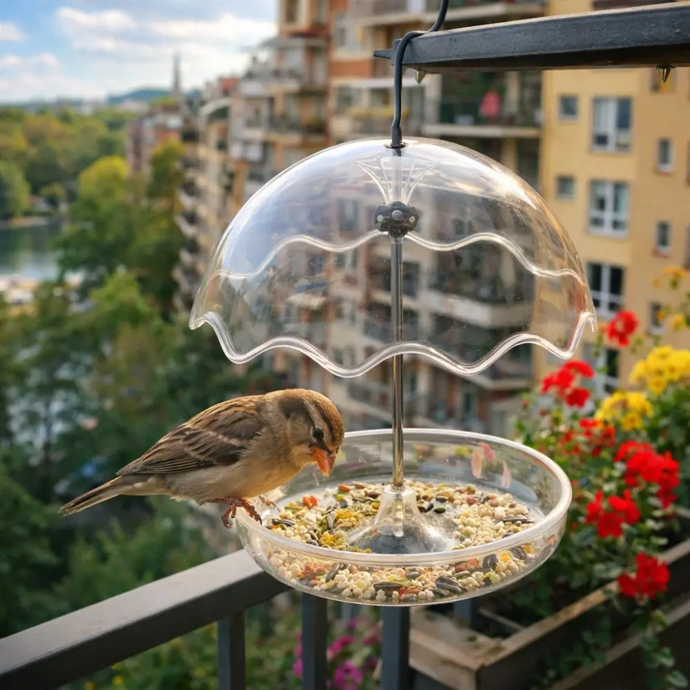 

Bird Supplies Transparent Umbrella Feeder Open Platform Large Capacity Hanging Birds Bath Rainproof Bird Food Dispenser