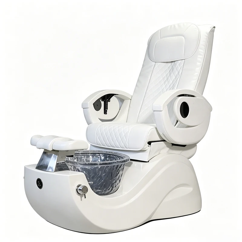 2026 New White Luxury Pedicure Spa Chair with Crystal Foot Basin, Electric Reclining Foot Massage Chair for Nail Salon