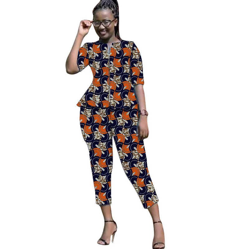 Women Zipper Shirt Patch Cropped Trouser Nigerian Fashion Half Sleeve Tops With Pants Ankara Outfits African Wedding Wear