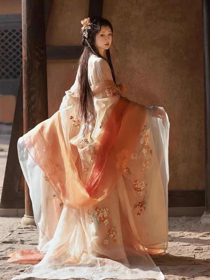 Hanfu Women Chinese Traditional Cosplay Costume Ancien Dynasty Hanfus Embroidery Peach Blossom Large Display Flowering