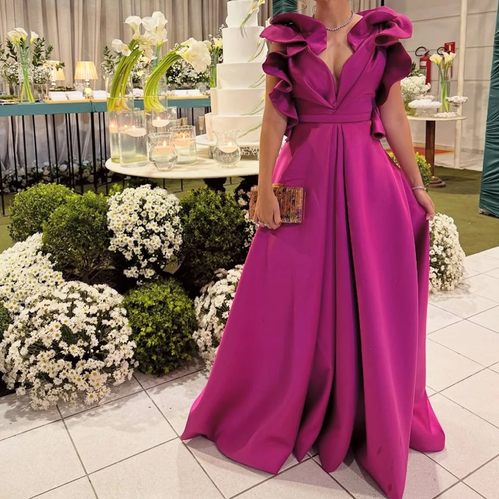 

Вечерние платья трапециевидной формы по индивидуальному заказу, платье для выпускного вечера с v-образным вырезом и рукавами, модные простые драпированные элегантные вечерние платья с рюшами