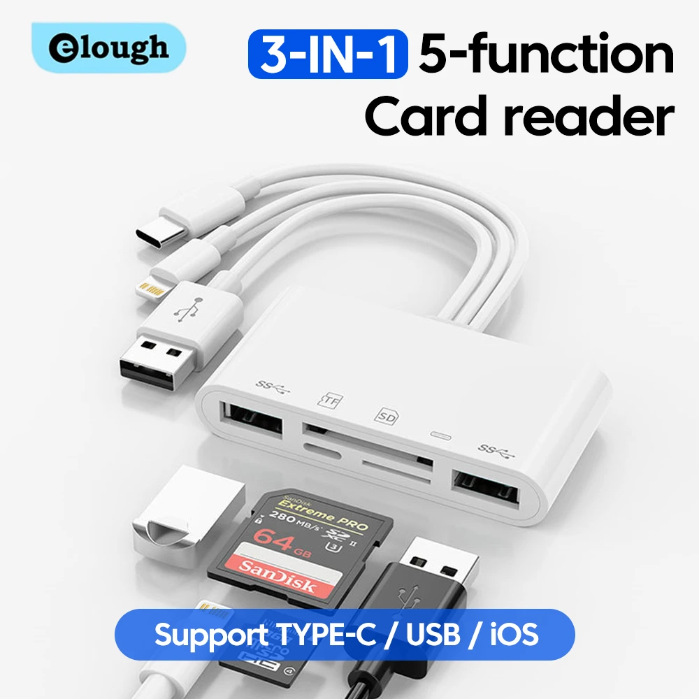 Czytnik kart Elough 5 w 1 iOS Typ C do USB 2.0 SD TF Adapter do czytania kart pamięci dla iPhone MacBook Huawei Flash Drive Adaptador
