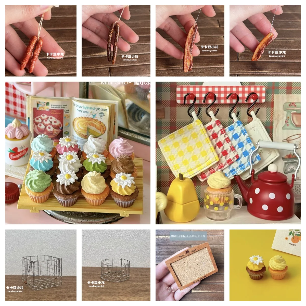 Ultra-Realistic Miniature Kitchen Set: Metal Baskets, Floral Cake, Polka Dot Pot & Checkered Towel for 1:6 Dollhouse Display