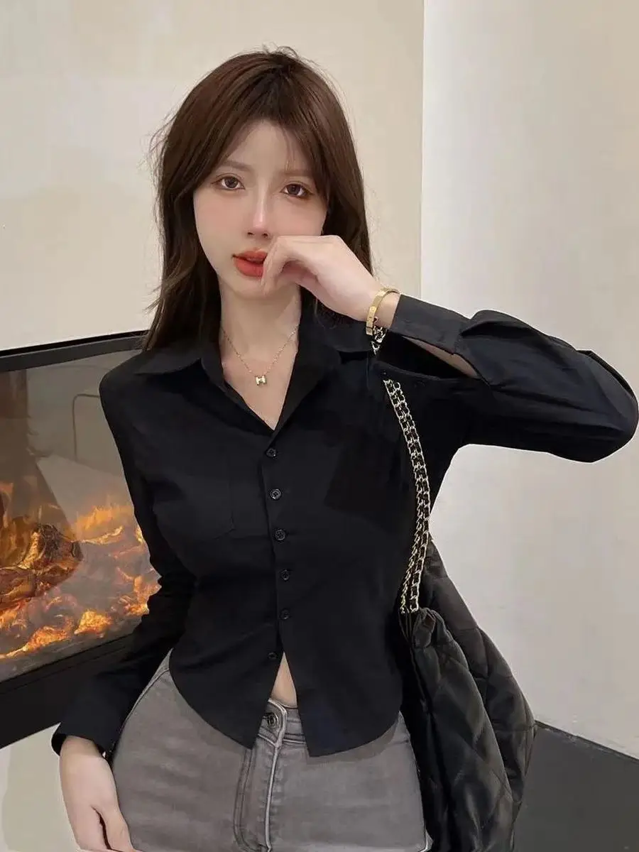 

Chic ort JK irt Женский длинный све Slim Fit Base Layer irt Корейский Sle Commute Wind Button ket Regular Thin