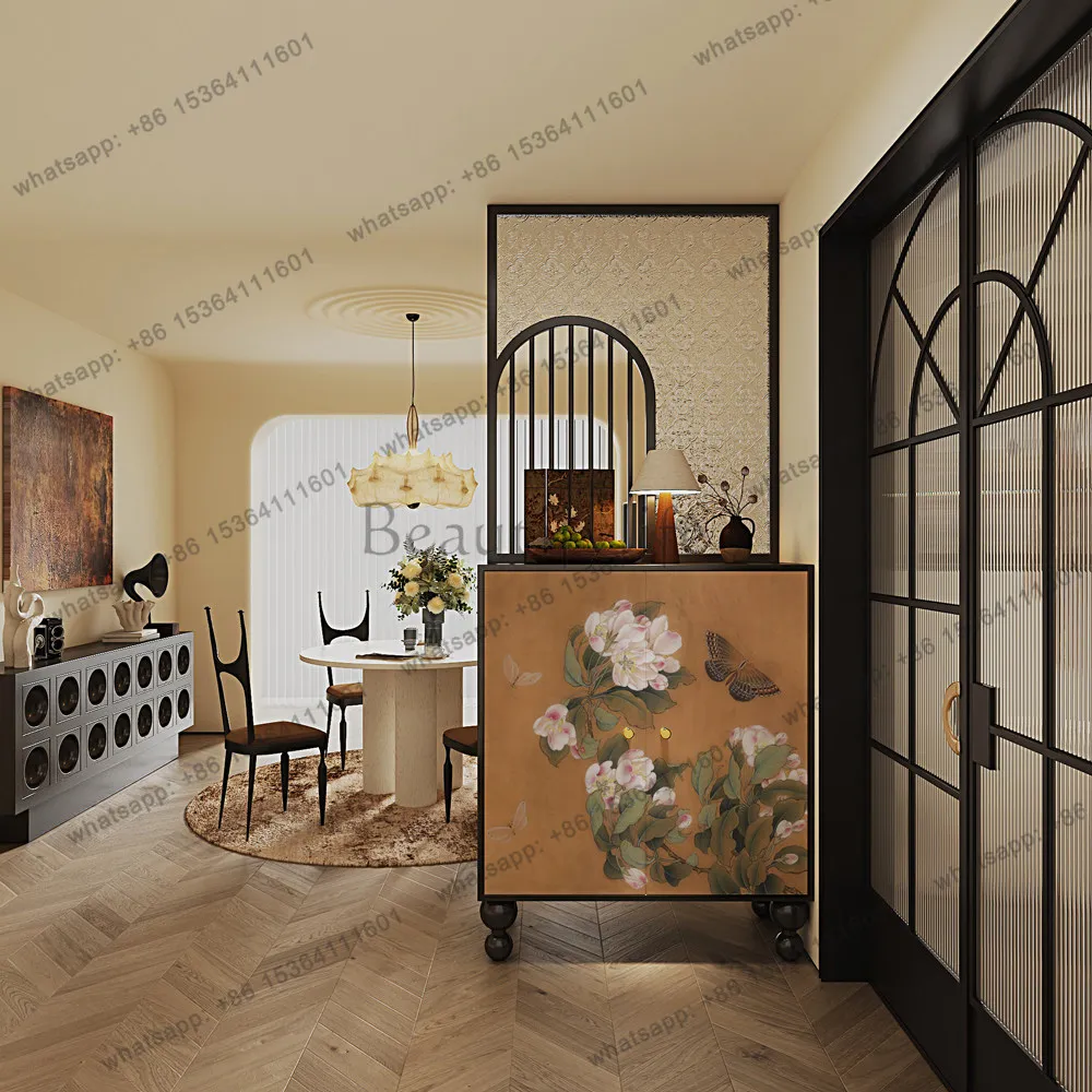 Retro solid wood screen glass partition living room entrance shoe cabinet integrated
