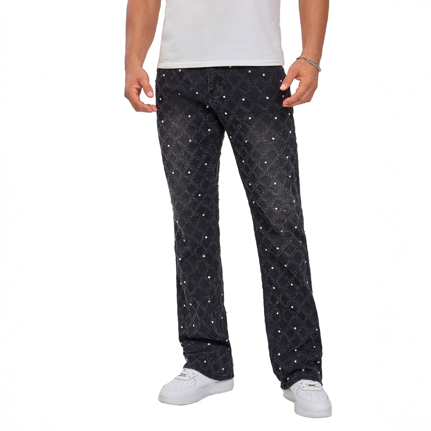 กางเกงยีนส์ทรงตรงผ้ายีนส์ยืดลายลูกปัดสำหรับผู้ชาย แฟชั่นยุโรปสุดฮิต
