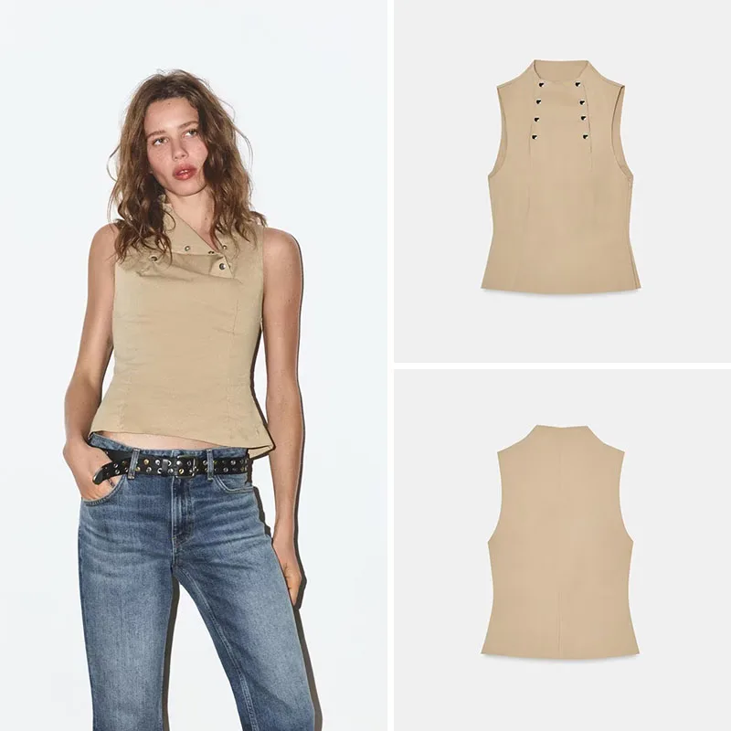 

Spring New Arrival Women's Fashion Casual Sleeveless Waist-Cinched Button Detail Elastic Top Elastic Waist Button Detail
