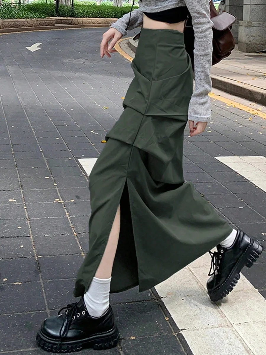 

Chic American Retro High Waist Midi A-Line Skirt for Women with Slit Workwear Sle Color Commute Korean Version