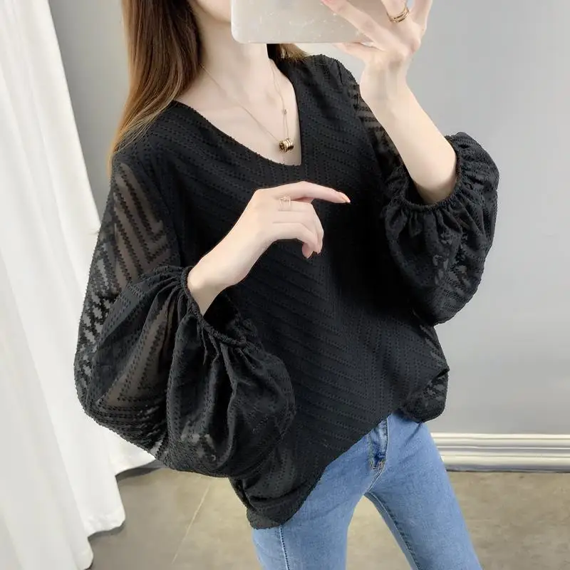 

Elegant V-Neck Solid Color Flare Sleeve Blouse Women's Clothing 2023 Spring New Casual Pullovers All-match Office Lady Shirt