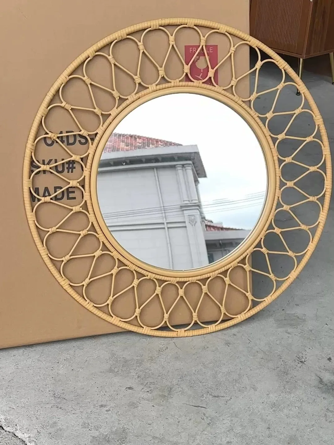 Round Rattan Wall Mirror, Natural Woven Frame, 30 Inch Diameter, Decorative Petal Design, Vintage Boho Style