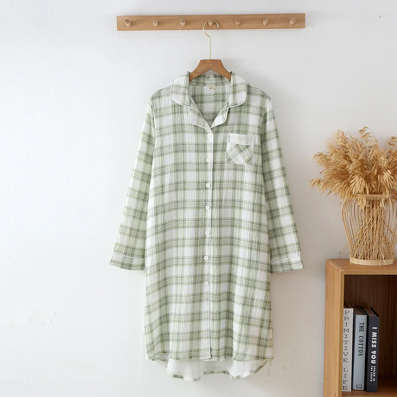 Spring Autumn 100% Cotton Women's Night Dress Spring Autumn Long Sleeves Medium-Long Nightgowns Casual Lapel Shirt Home Clothes
