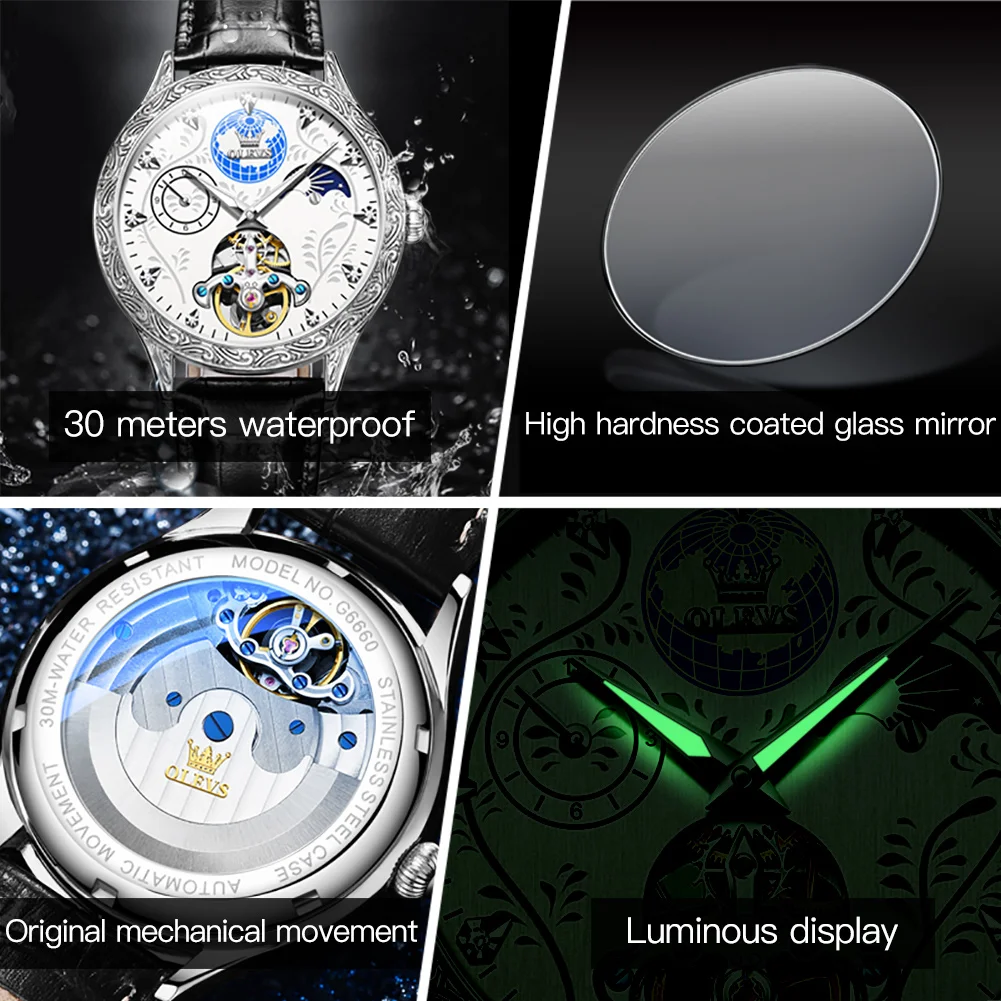 OLEVS Brand New Luxury Tourbillon Mechanical Watch Men Leather Waterproof Classic Fashion Moon Phase Watches Mens Reloj Hombre