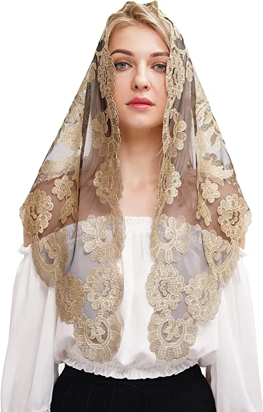 Velo de encaje bordado Triangular para mujer, cubierta de cabeza de muselina, Mantilla de encaje