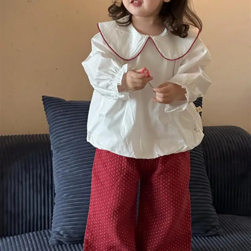 2025 Autumn New Girls Lapel Shirts Kids Loose Long Sleeve Tops Kids Girls Cotton Shirts Toddler Princess Causal Clothes