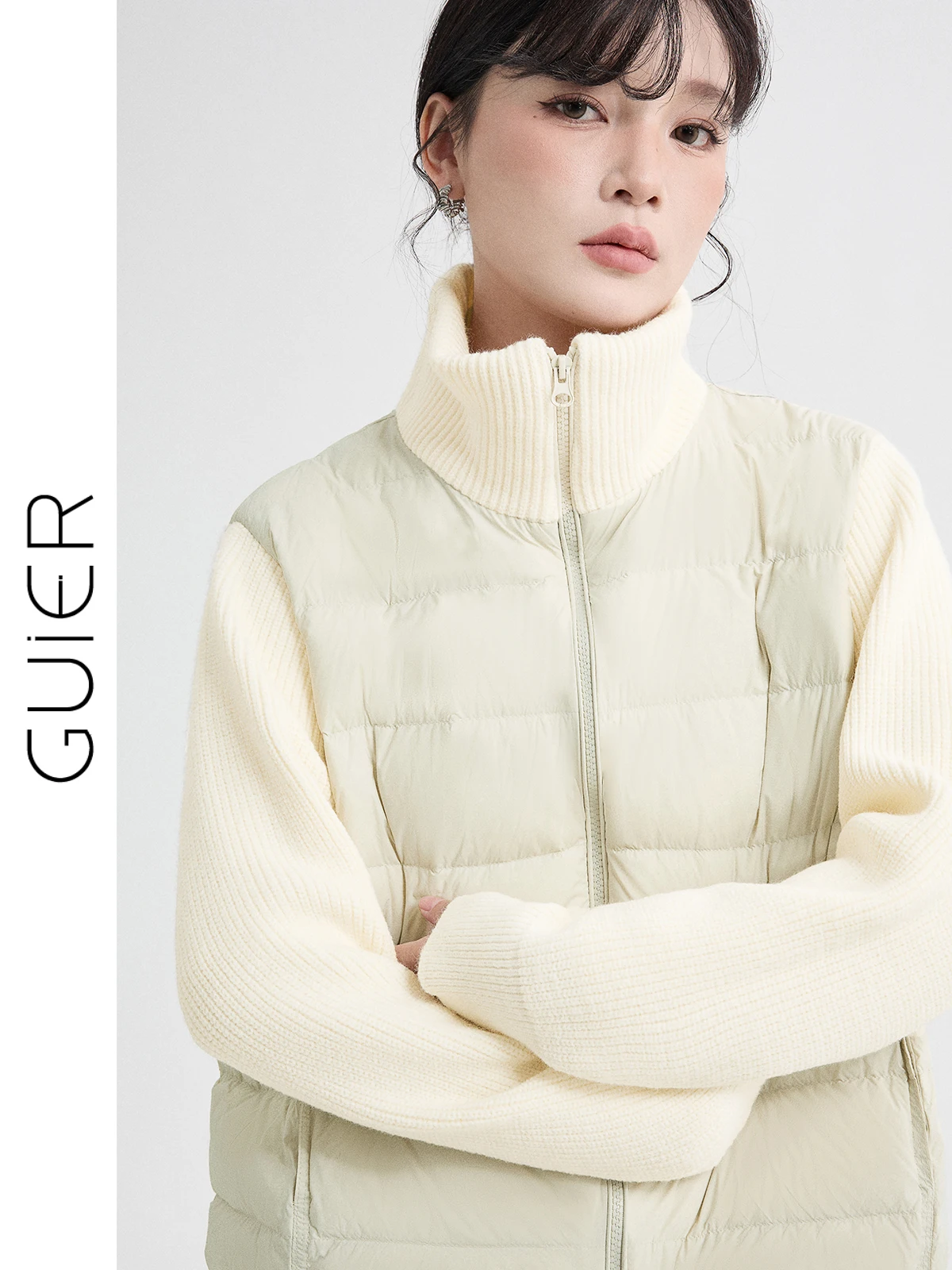 

Женская зимняя куртка Guier из трикотажа с пэчворком, новая, белая, теплая, с искусственным пухом, воротник-стойка, имитация двухслойной одежды