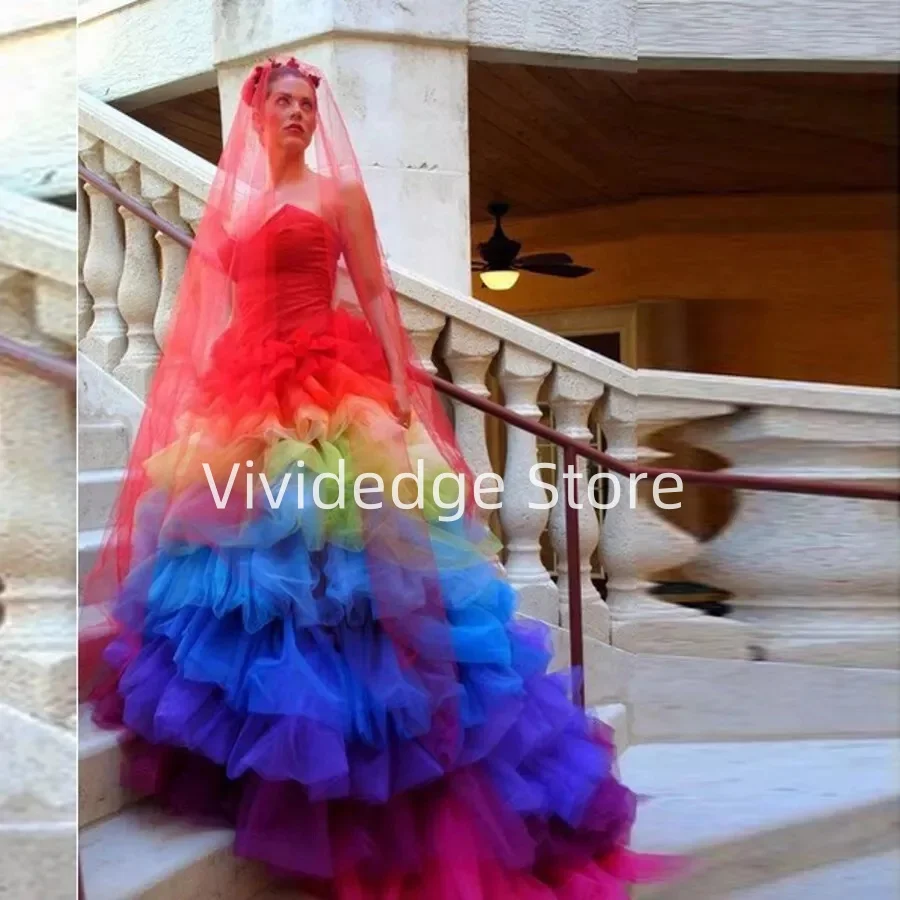 Customized Gothic Rainbow Lace-up Corset Wedding Dress Tiered Ruffles Plus Size Bridal Gown vestidos de novia de talla grande