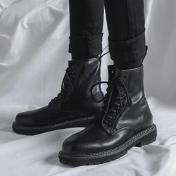 Mens Leather Shoes high top New Lace-Up Male Classic Basic ankle Boots Fashion Motorcycle Ankle Boots for Men plush winter Boots