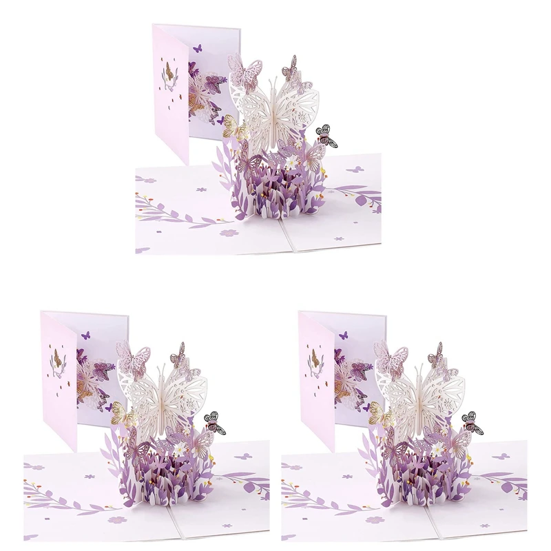 

3X Purple Butterfly Birthday Popup Card, Butterfly Flower Basket 3D Greeting Cards For Women Girl Daughter, Mothers Day