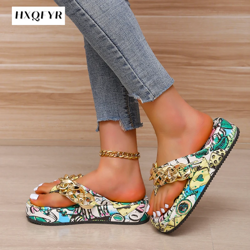 2022 Summer Women Newest Fashion Chain Flip-flops Sandal Slippers Shoes Woman Flat Platform Sandals Casual Flat Slippers Slides