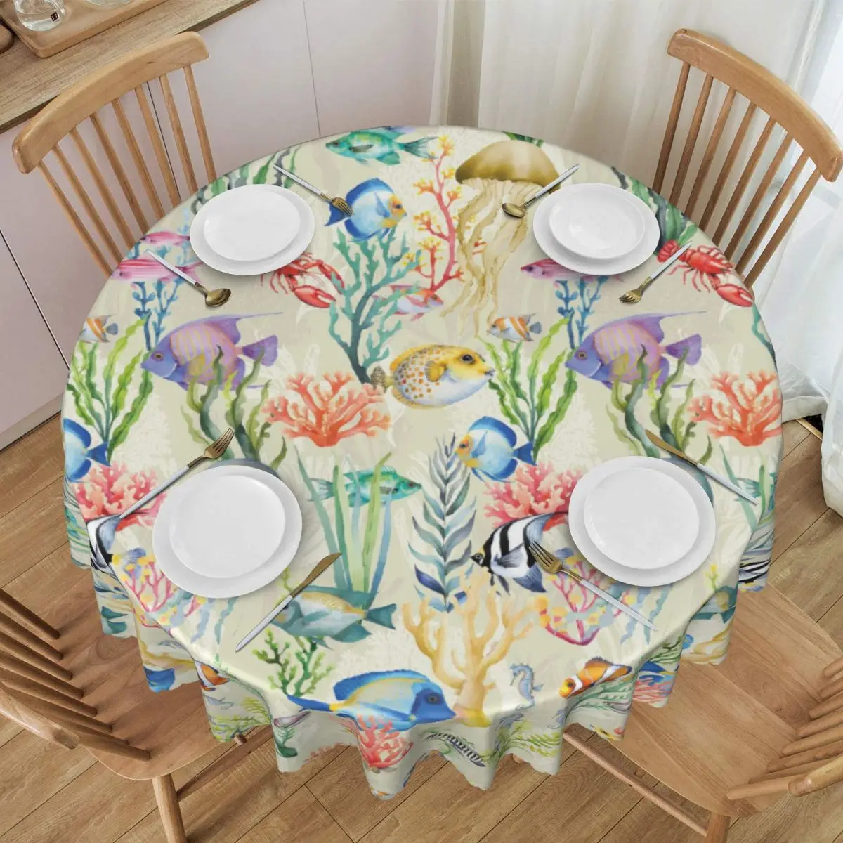 Custom Round Underwater World Fish Tablecloth 60 inches Kitchen Dinning Table Cloth Waterproof Ocean Theme Table Covers