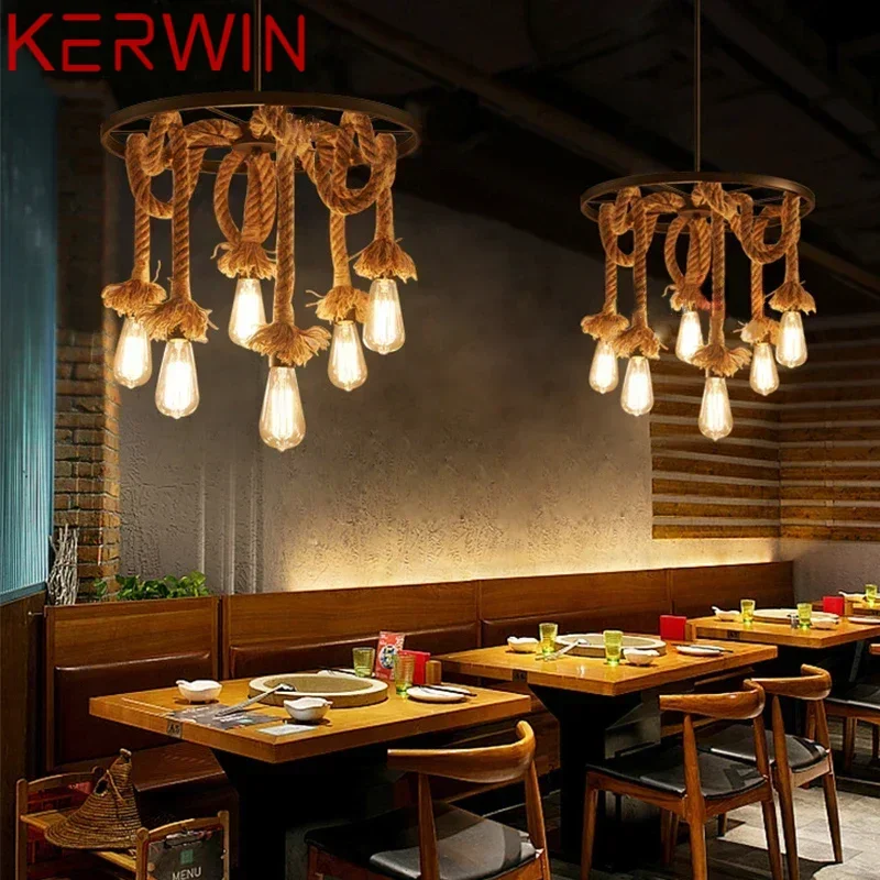 KERWIN American Style Retrohemp Rope Chandelier Nostalgic Loft Industrial Style Internet Cafe Restaurant Hot Pot Shop Pendant