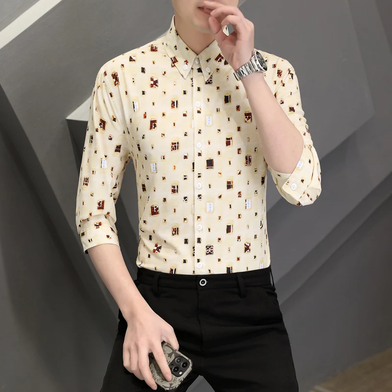 

Brand Print Shirts Men Fashion Quarter sleeve Loose Casual Shirts 2024 Spring Summer Streetwear Social Party Tuxedo Blouse