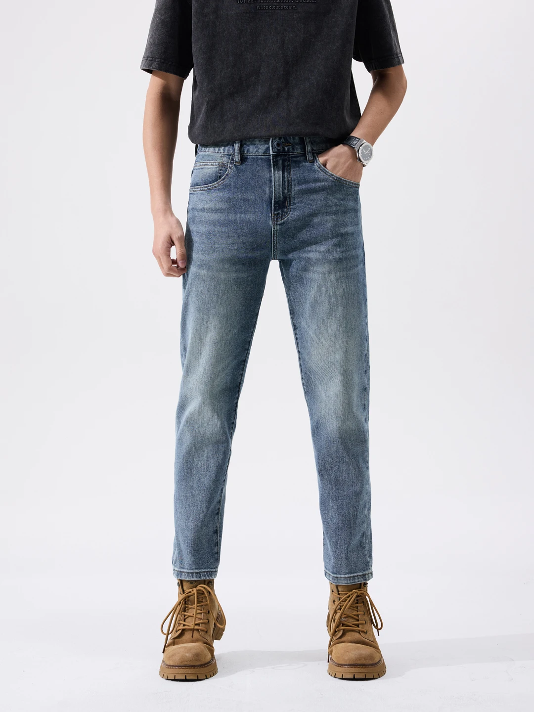 

High-End Luxury Vintage Waed ket Embroidery 9-Length Men's Jeans Elastic Slim Fit Versatile Mid-Waist Cotton Stretch Denim