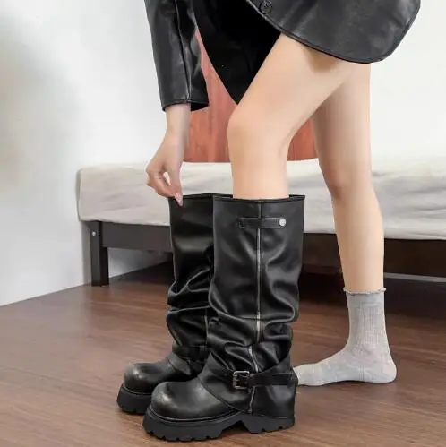 

Autumn Women Black Leather Big Round Toe Platform Chunky Heel Knee High Knight Boots Thick Sole Height Increasing Booties Shoes