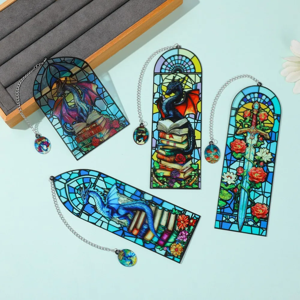 Retro stained glass dragon sword bookmark chain pendant creative reading bookmark