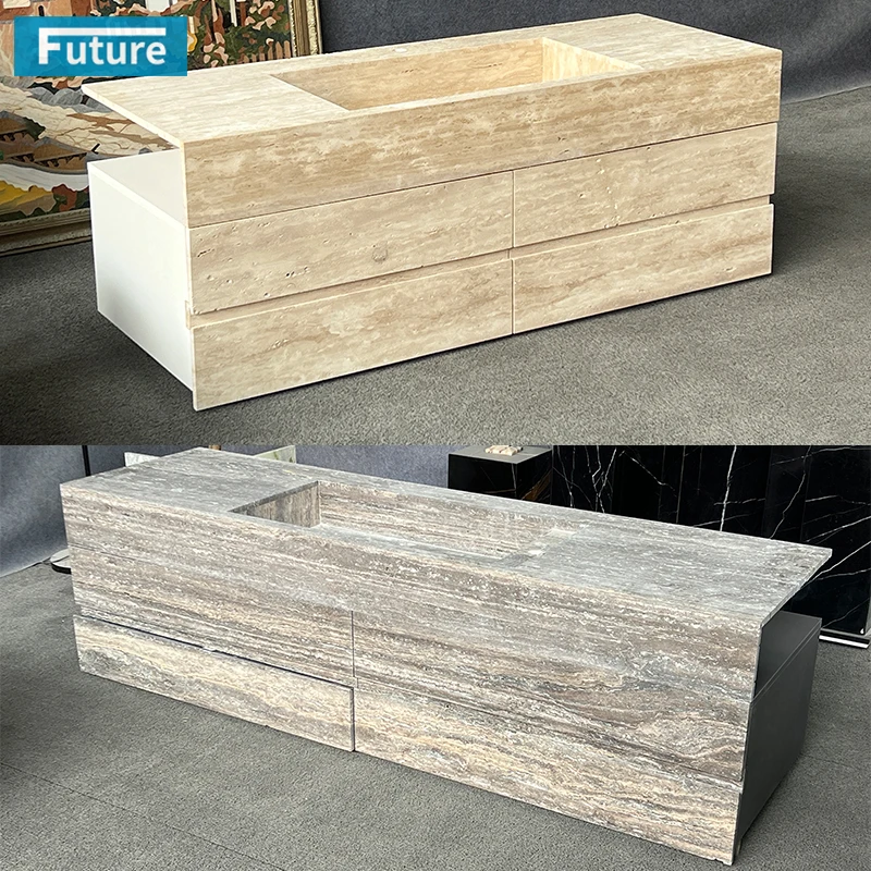 Wabi-sabi Natural Stone Beige or Sliver Grey Travertine Wash Basin Sink Bathroom Vanity with Cabinets Drawers for Hotel Villa