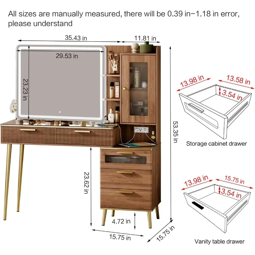 Vanity Desk with 29.53" HD Lighted Mirror, with Mirror and Lights and 5 Drawers and Storage Shelves and Charging Station, Vanity image 6